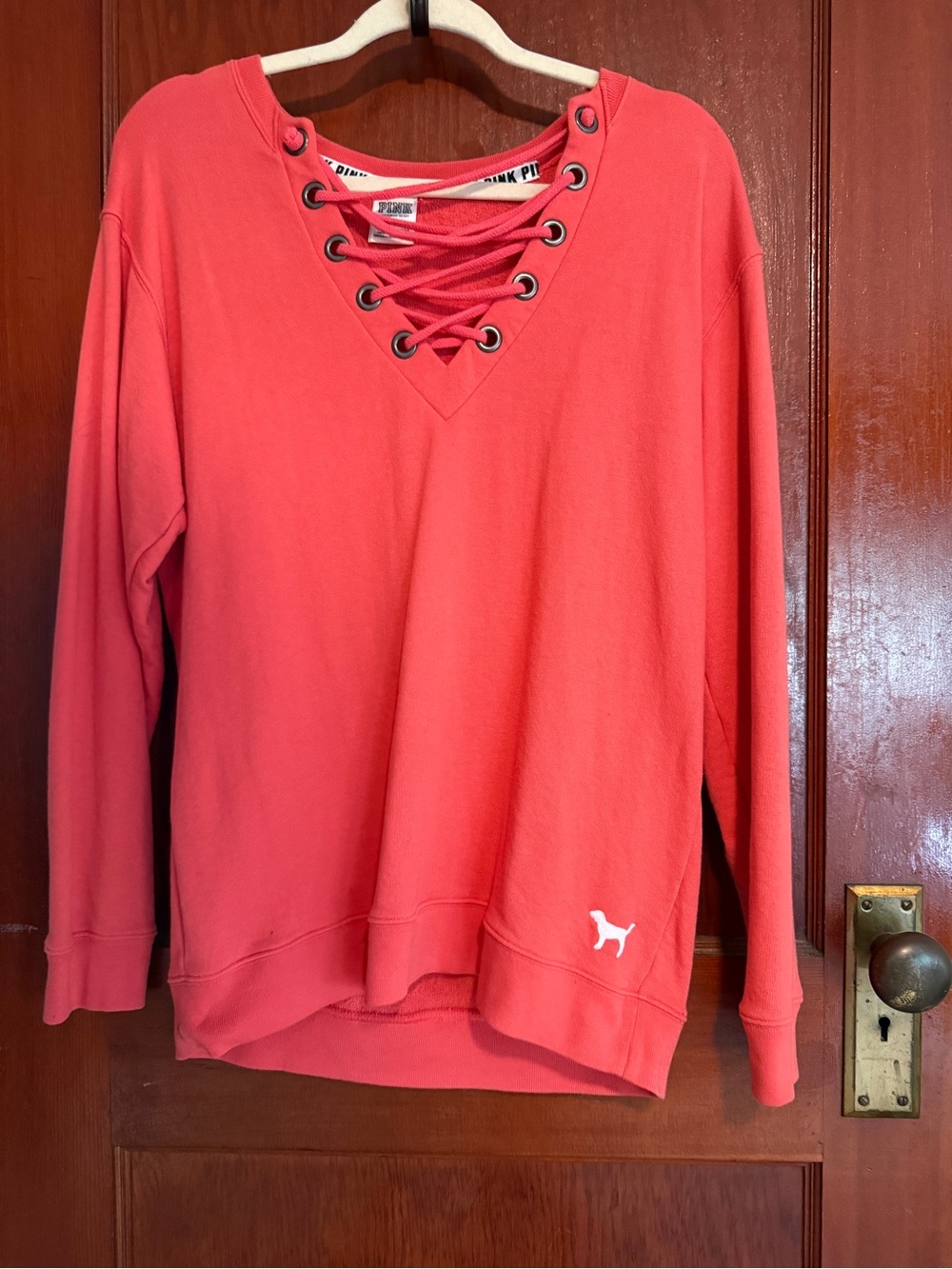 PINK Victoria's Secret Coral Lace-Up V-Neck Pullover